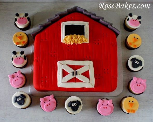 Animal Farm Barn Cake with Cupcakes