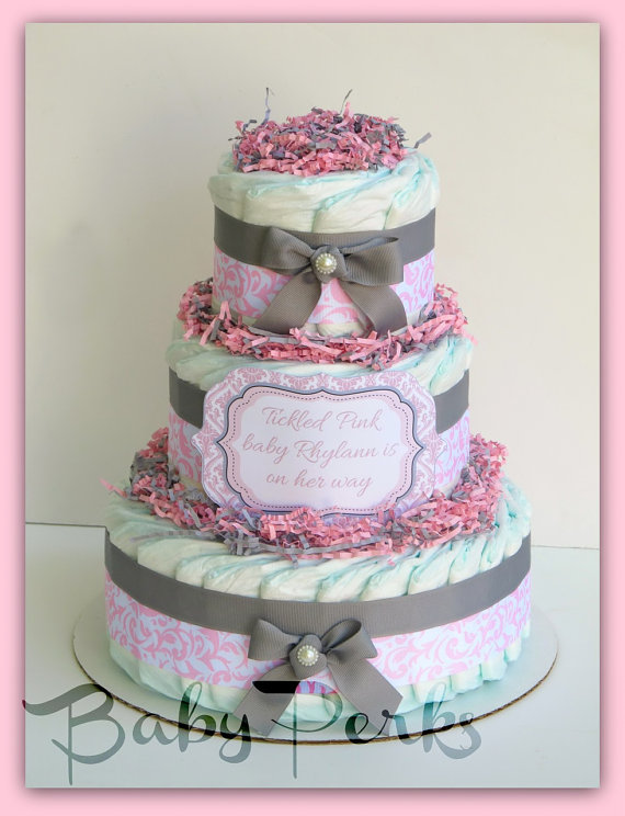 Pink and Grey Baby Shower Diaper Cake