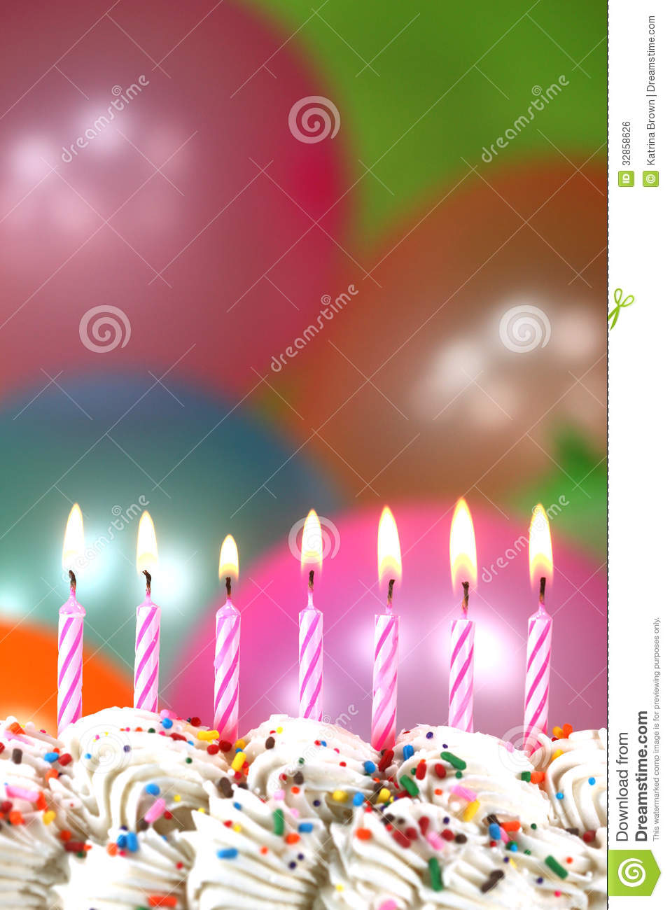 Happy Birthday Cake with Candles and Balloons