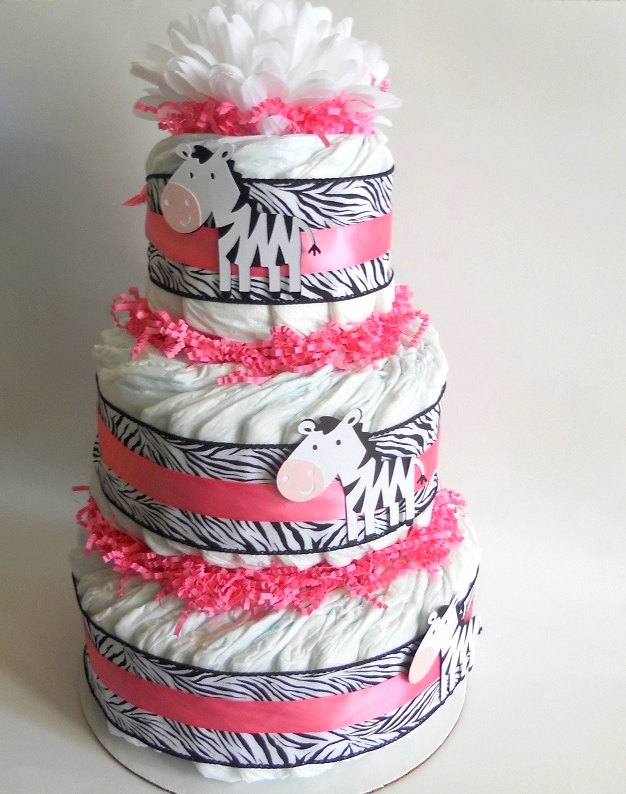 Pink Zebra Baby Shower Diaper Cake