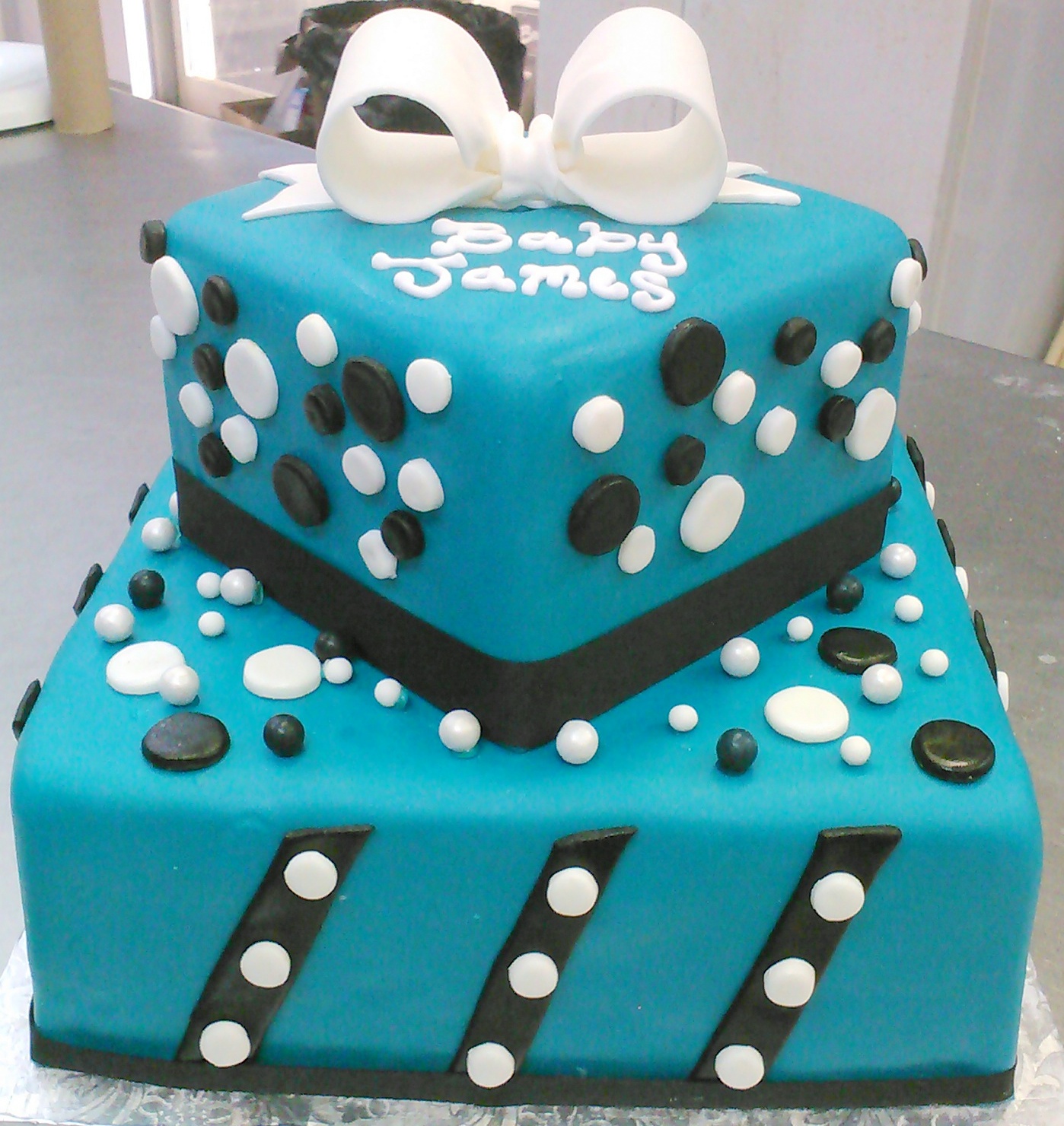 Teal and White Square Birthday Cake