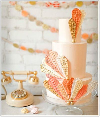 Coral Gold and Cream Wedding Cake