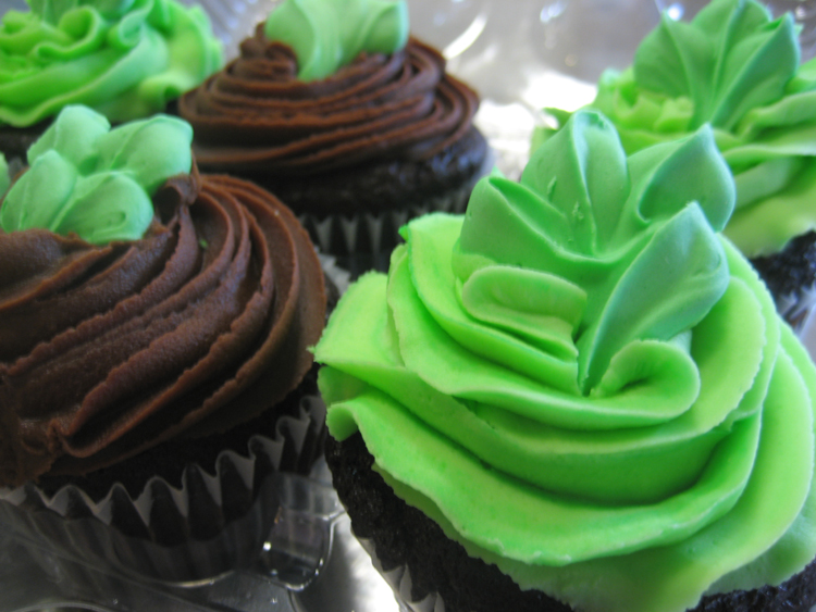 Green Cupcakes with Chocolate Icing