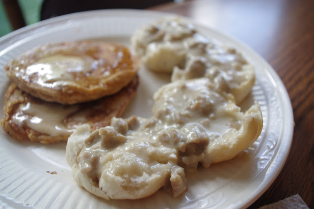 Pancakes Sausage Eggs Gravy Biscuit