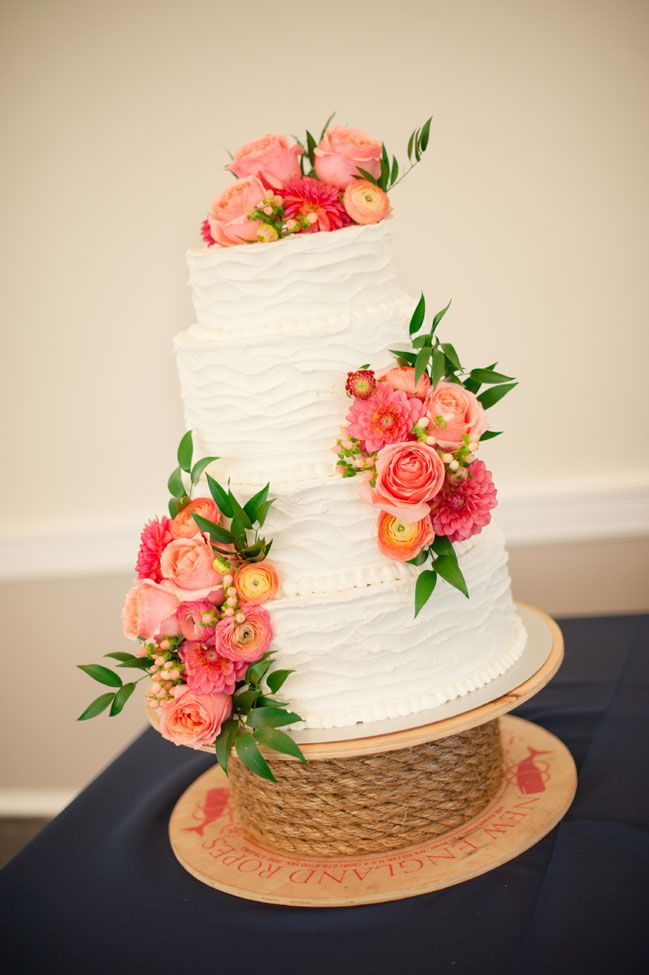 Navy and Coral Wedding Cake with Flowers