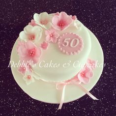 Pink and White 50th Birthday Cake