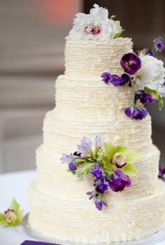 Buttercream Wedding Cake with Purple Flowers