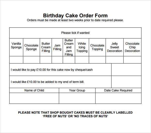 Sample Cake Order Form Templates