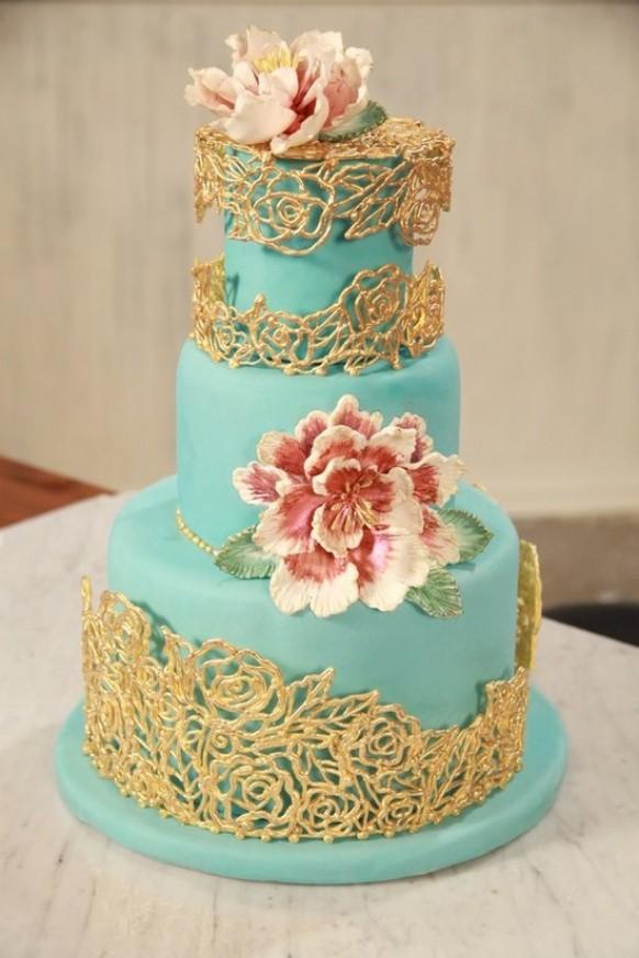 Turquoise and Gold Wedding Cake