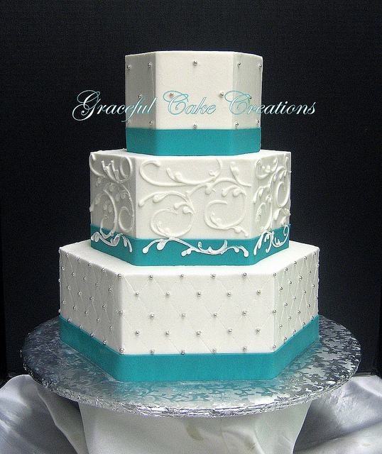 White and Teal Wedding Cake