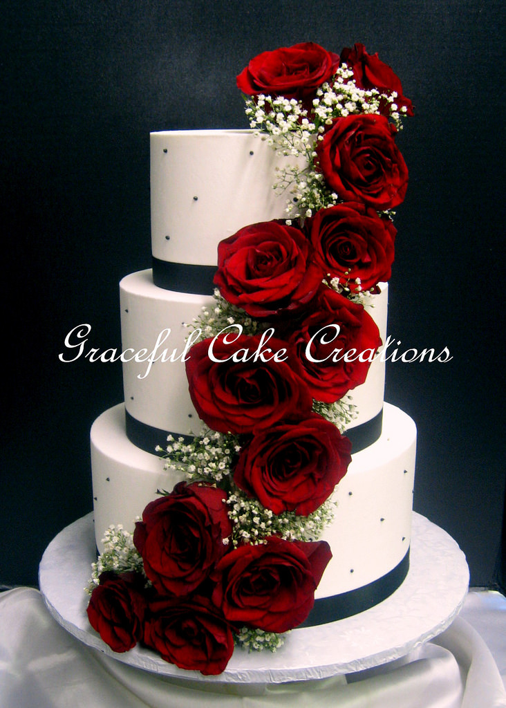 Black and White Wedding Cake with Red Roses