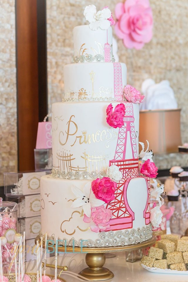 Elegant Gold and Pink Parisian Themed Cake