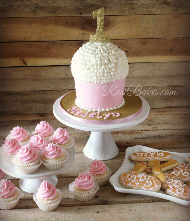 Pink and Gold Cake with Cupcakes