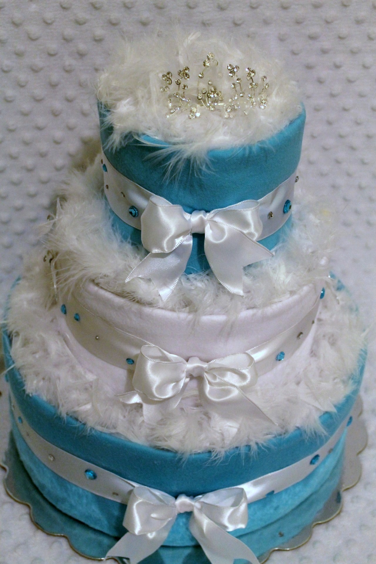 White and Blue Baby Diaper Cake