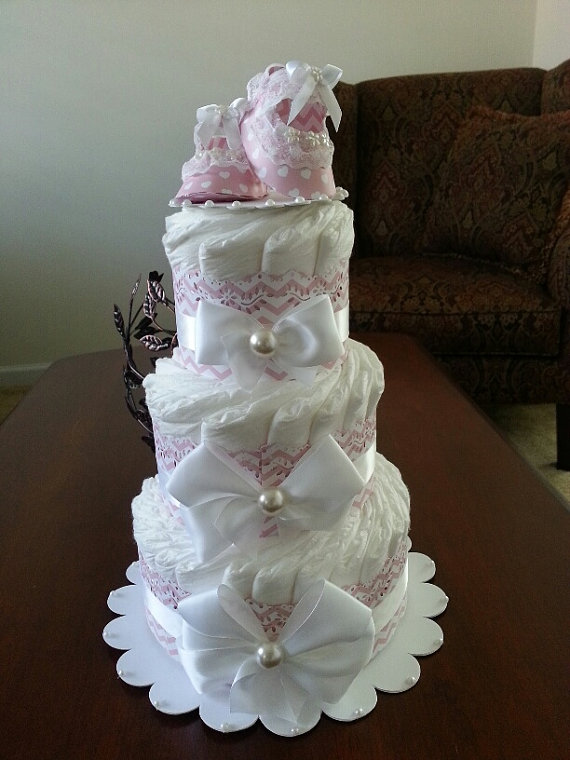 White and Pink Diaper Cake