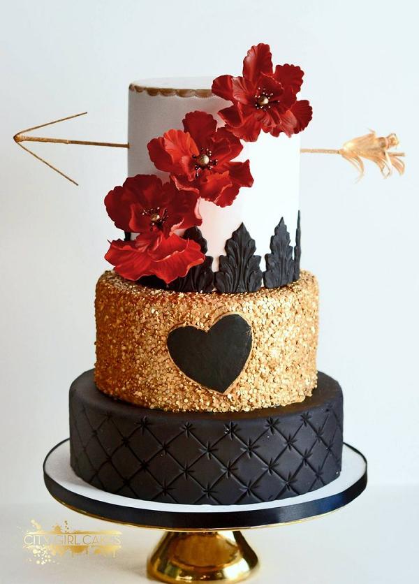 Black Red White and Gold Wedding Cake