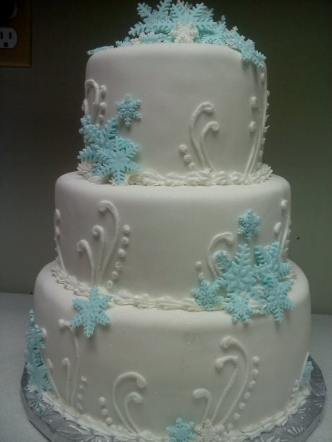 Blue and White Snowflake Wedding Cake