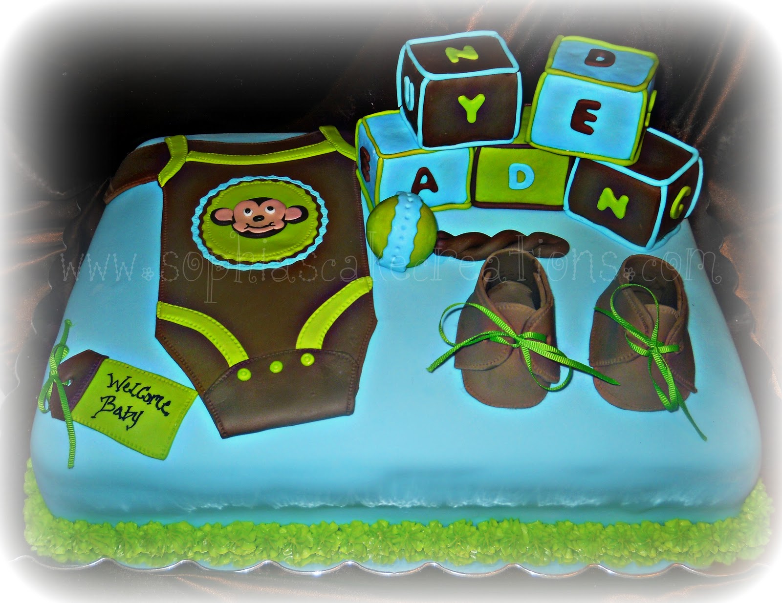 Blue Green and Brown Baby Shower Cake