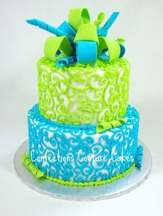 Lime Green and Blue Baby Shower Cake