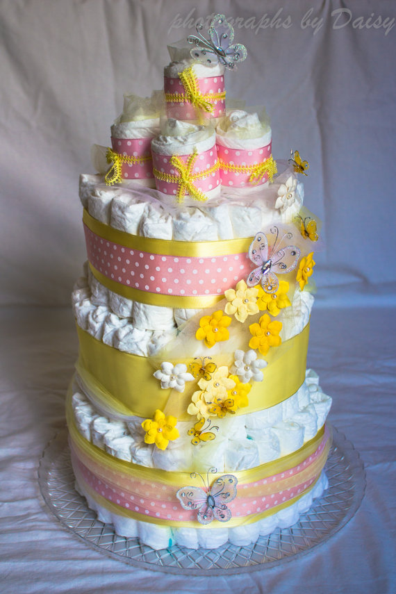 Pink and Yellow Diaper Cake