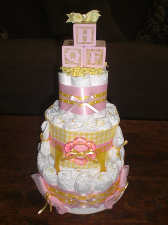 Pink and Yellow Diaper Cake