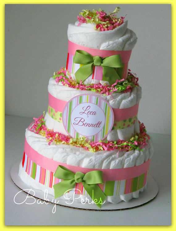 Pink Green and Yellow Baby Shower Cake