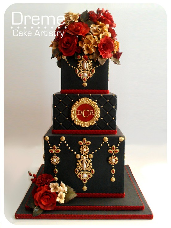 Red Black and Gold Wedding Cake