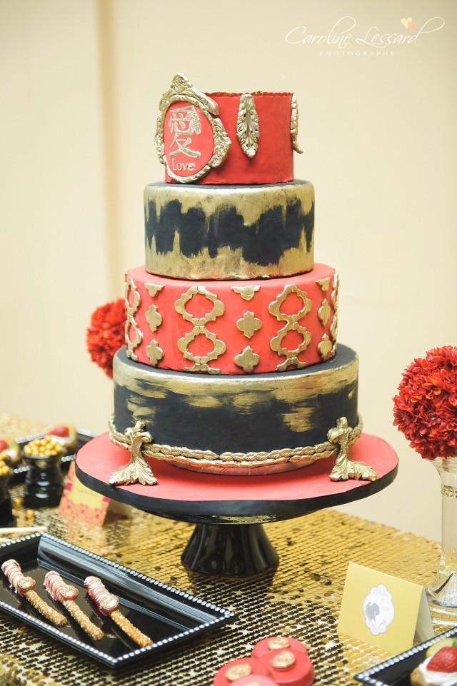 Red Black and Gold Wedding Cake