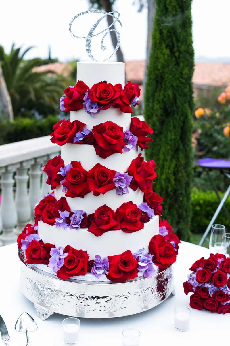 Red and Purple Wedding Cake with Flowers