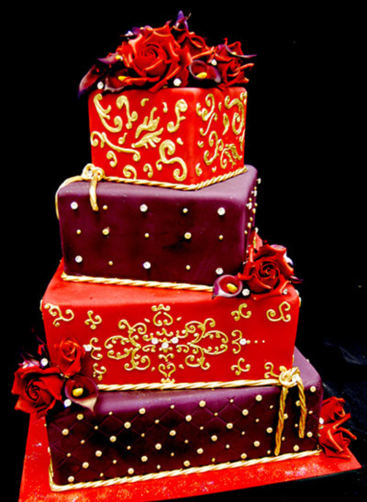 Red-Purple and Gold Wedding Cake