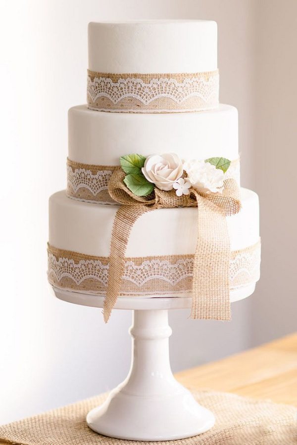 Rustic Wedding Cake with Burlap and Lace