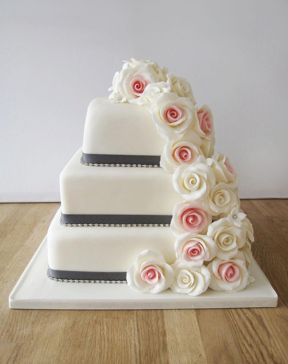 Square Wedding Cake with Cascading Roses