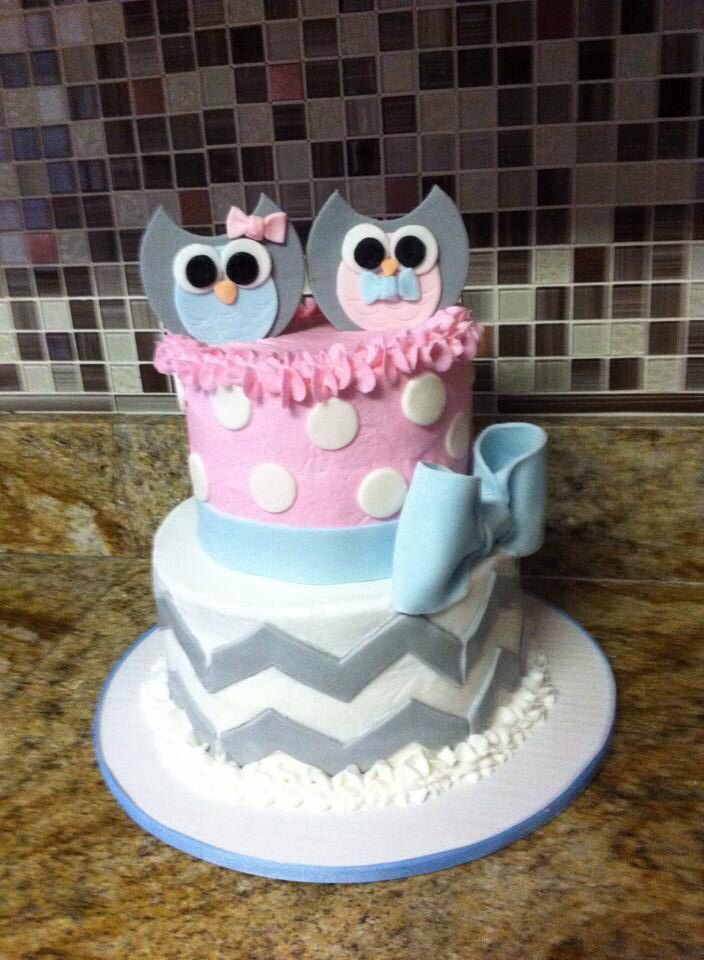 Blue and Pink Owl Baby Shower Cake