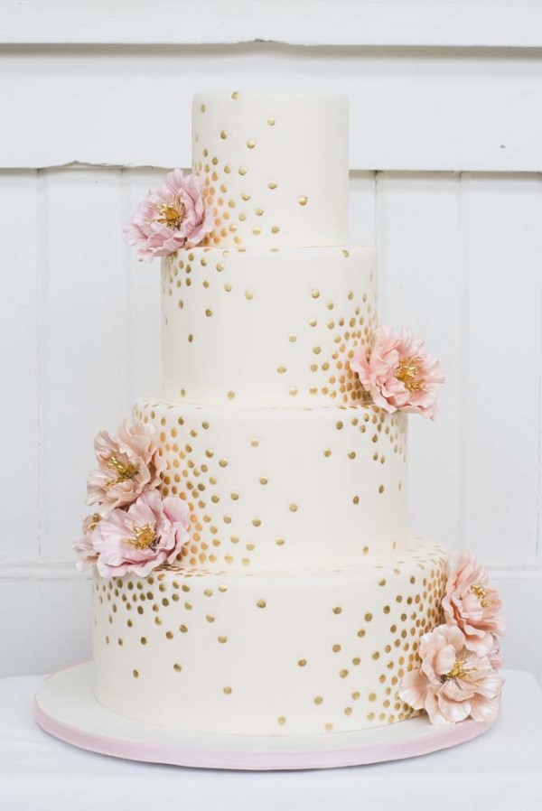 Gold Wedding Cake with Pink Flowers