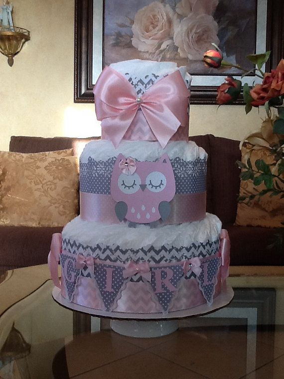 Pink and Gray Baby Girl Diaper Cakes Owls