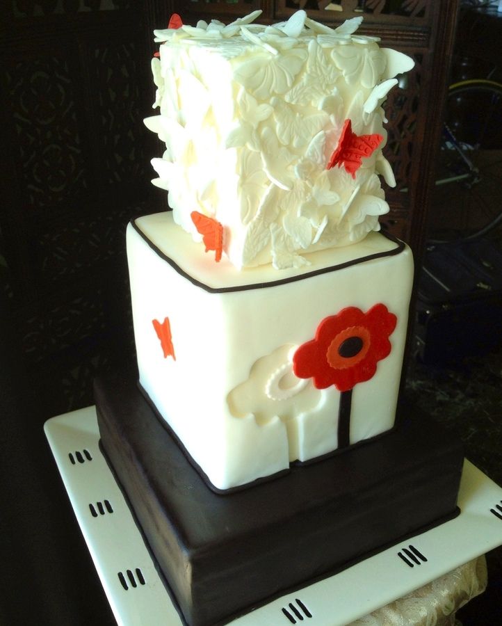 Red and White Butterfly Wedding Cake