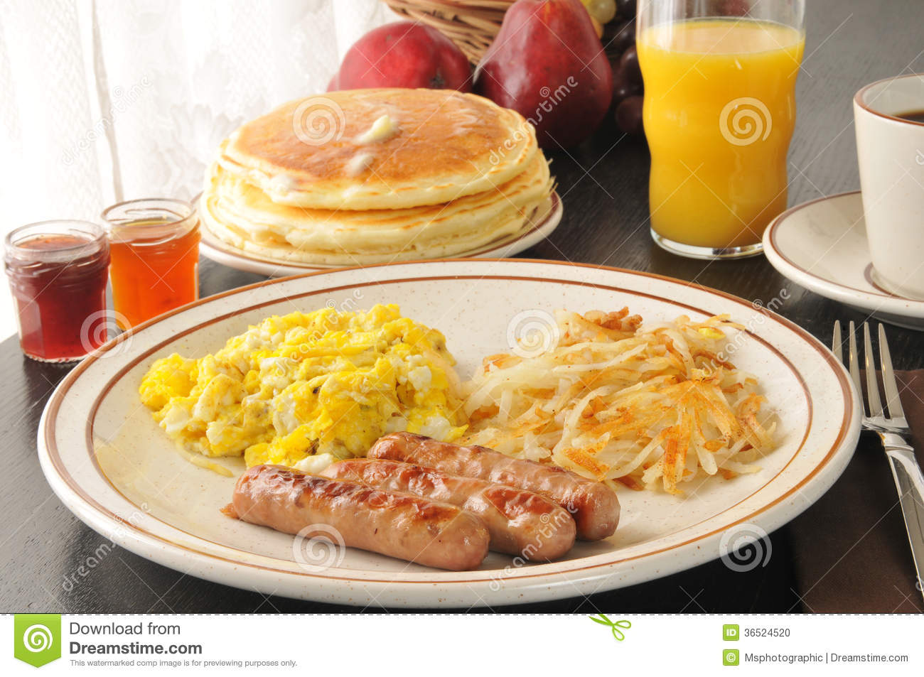 Sausage and Scrambled Eggs Bacon Pancakes