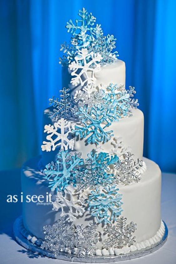 Blue Winter Wedding Snowflake Cake