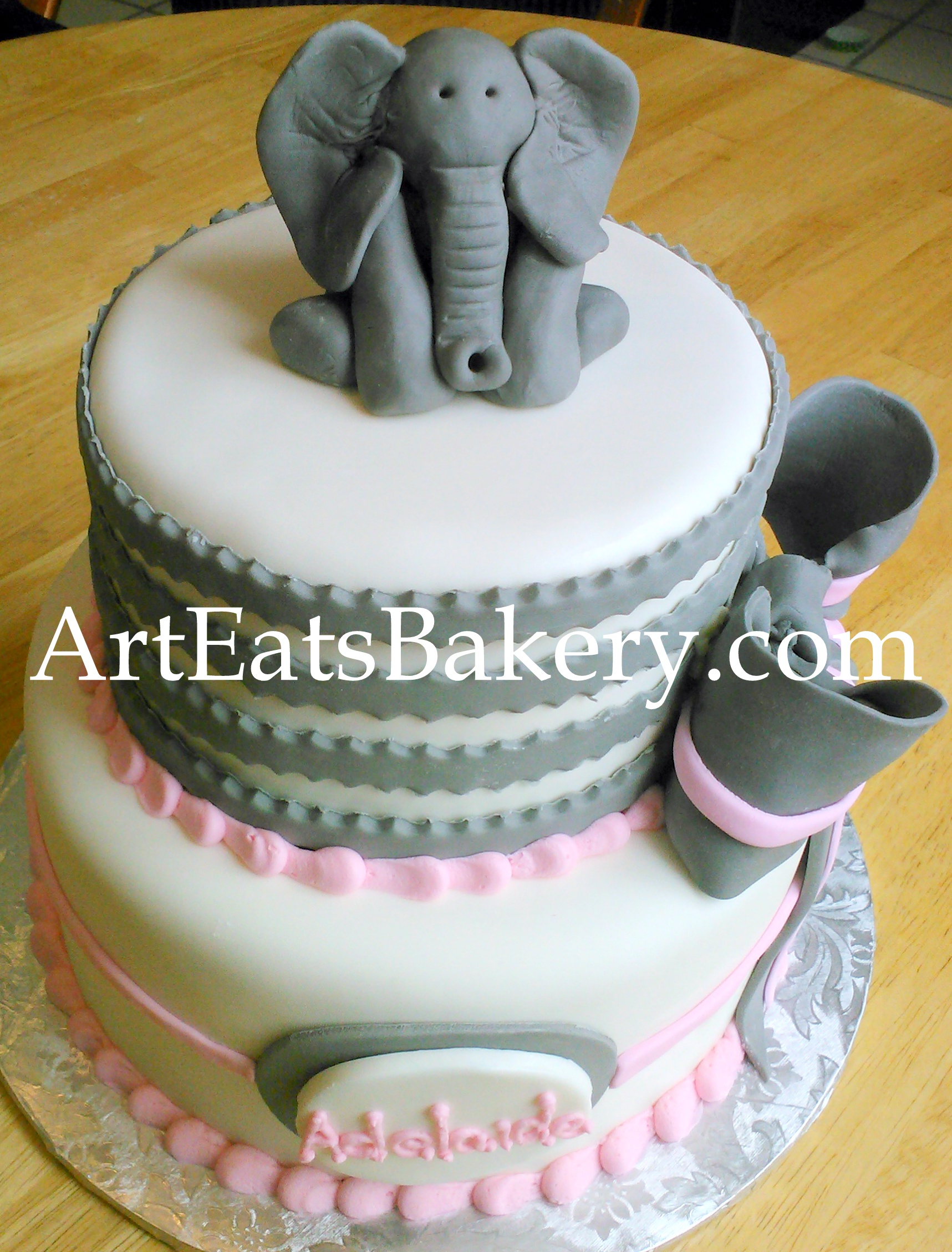 Pink and Gray Elephant Baby Shower Cake