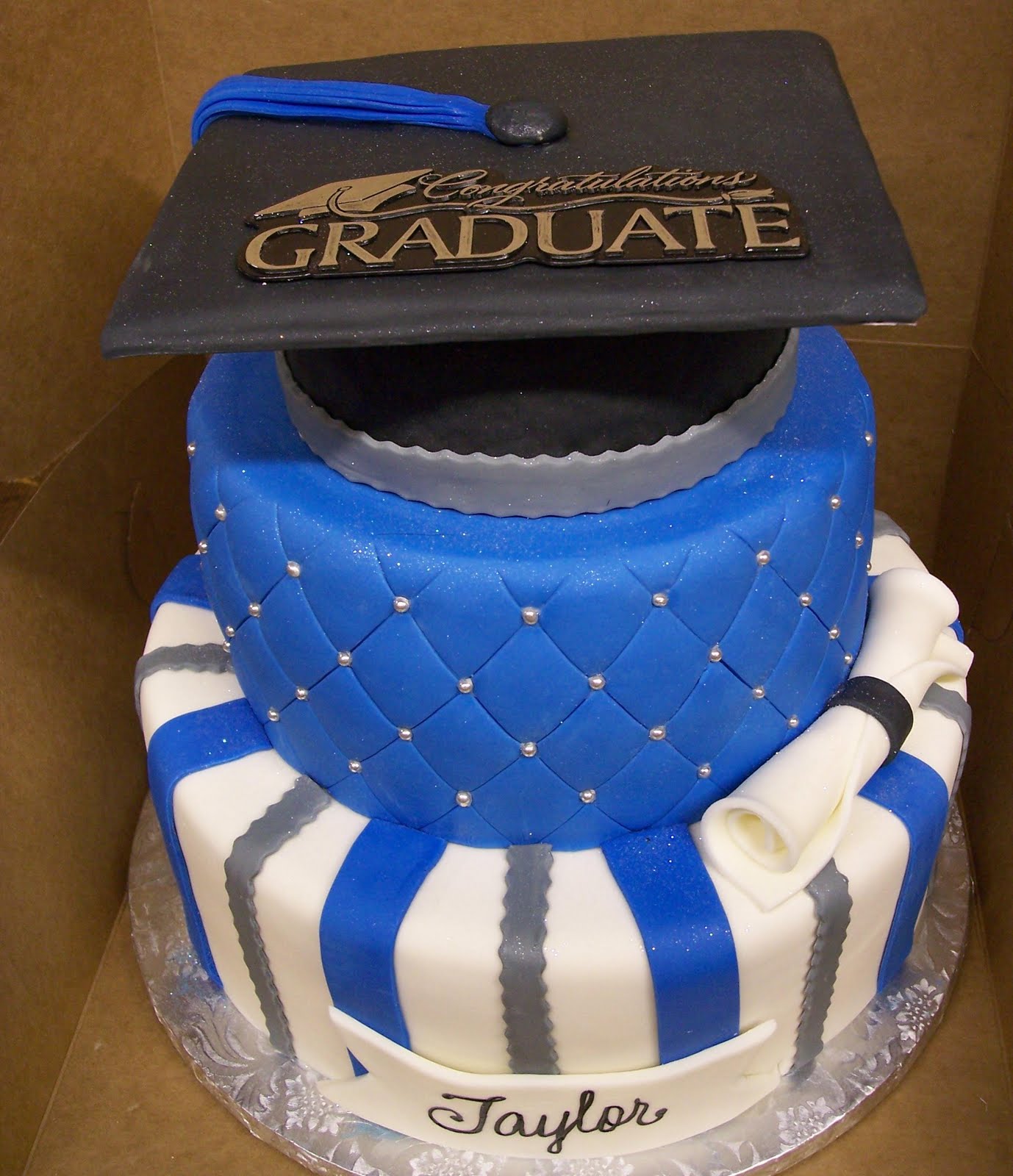 Blue and Silver Graduation Cake