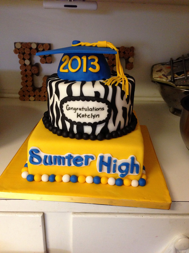 Blue White and Yellow Graduation Cake