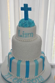 Boys Christening Cake Blue and White