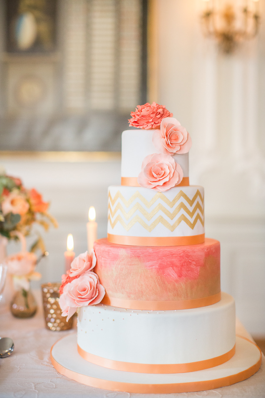 Gold and Coral Wedding Cake