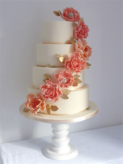 Gold and Coral Wedding Cake