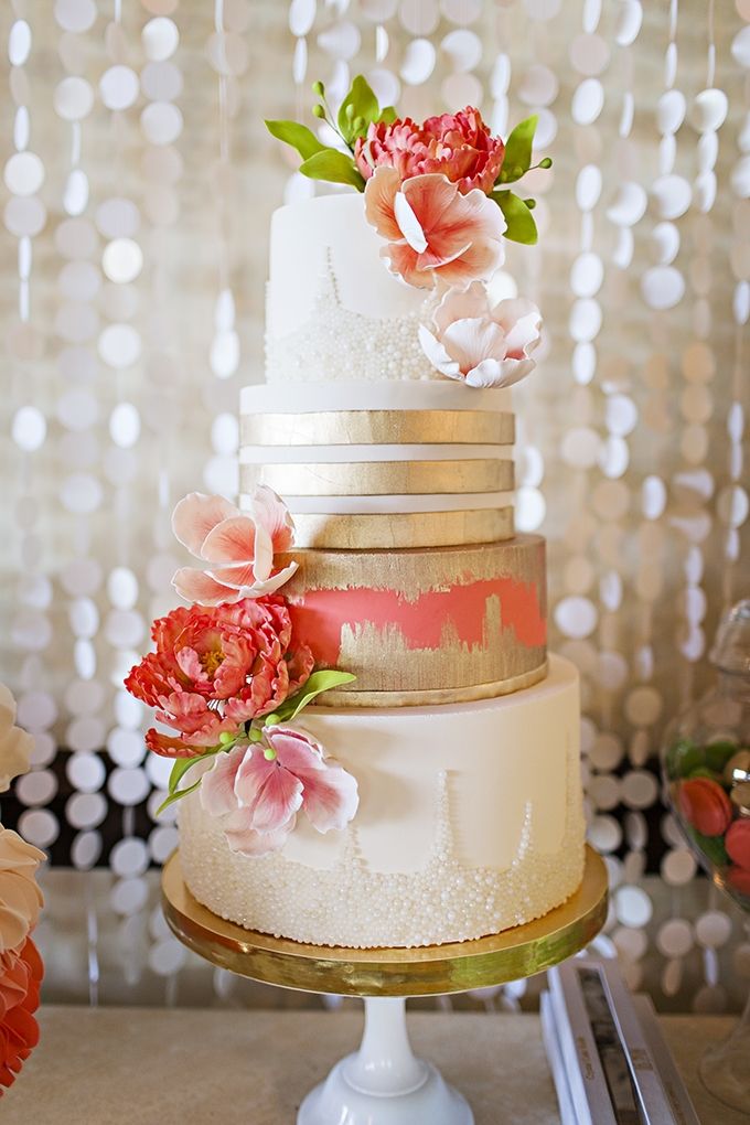 Gold and Coral Wedding Cake