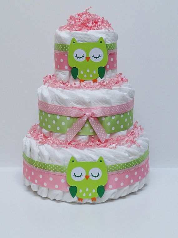 Green and Pink Owl Diaper Cake