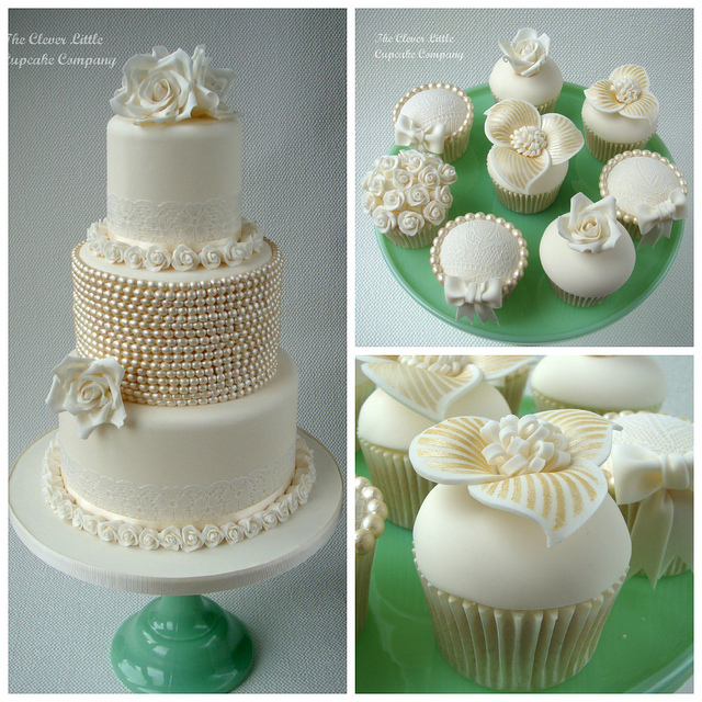 Lace and Pearl Wedding Cakes with Cupcakes