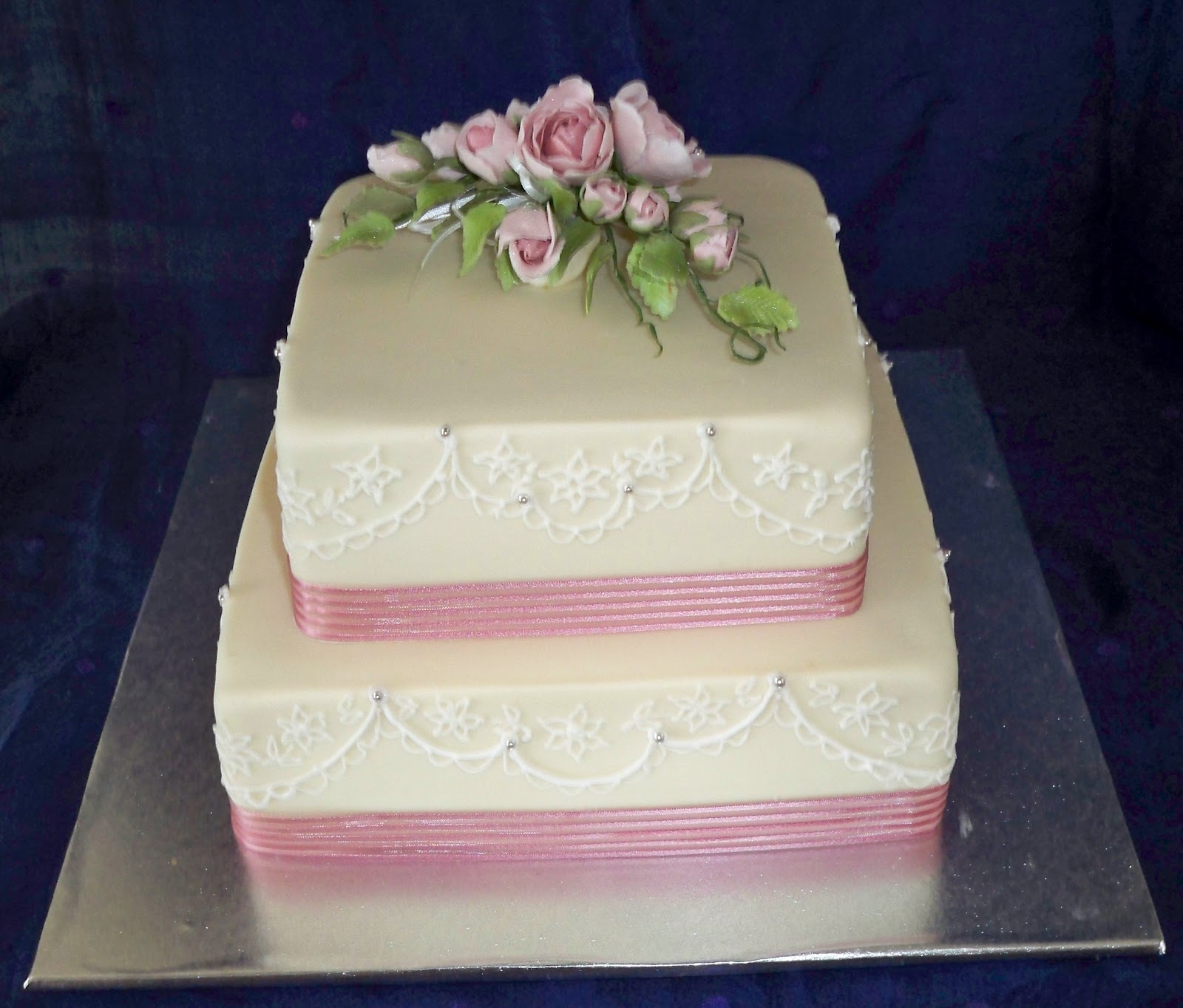 Square Wedding Cakes with Pink Flowers