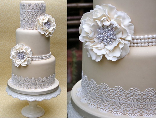 Vintage Lace and Pearl Wedding Cake