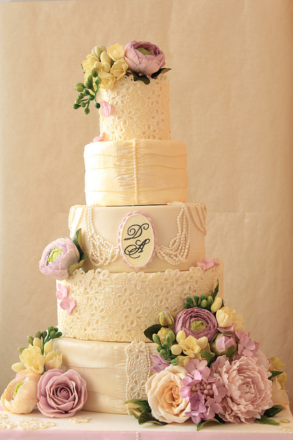 Vintage Lace and Pearl Wedding Cake